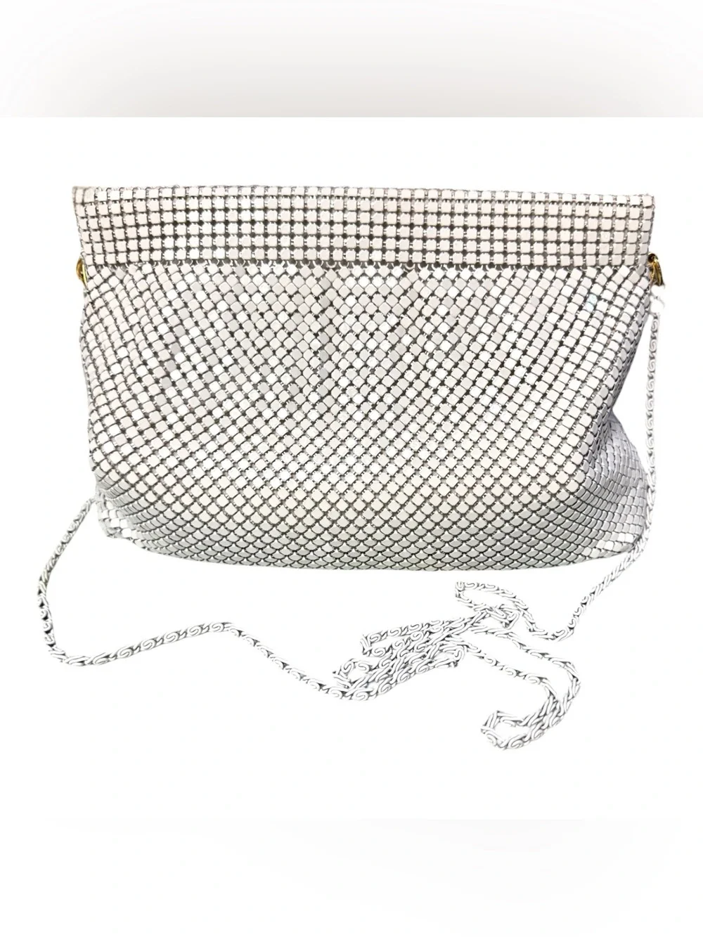 Bags by Marlo 80s Glam White Metal Mesh Oversized Clutch Evening Bag Chain Strap